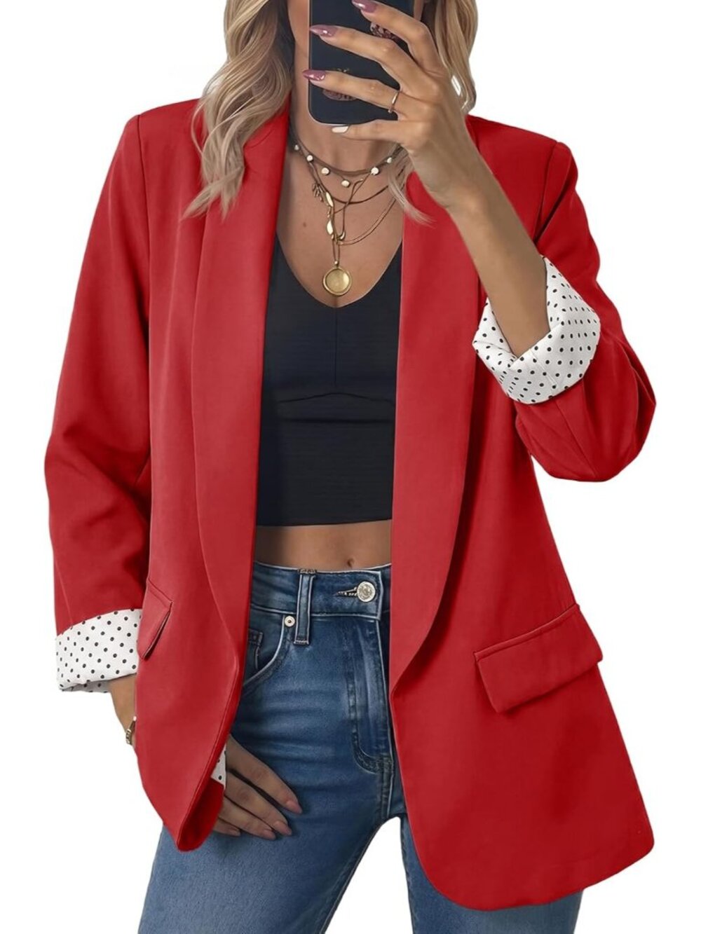 Women's Red Oversized Open Front Shawl Collar Polka Dot Cuff Classic Suit Jacket